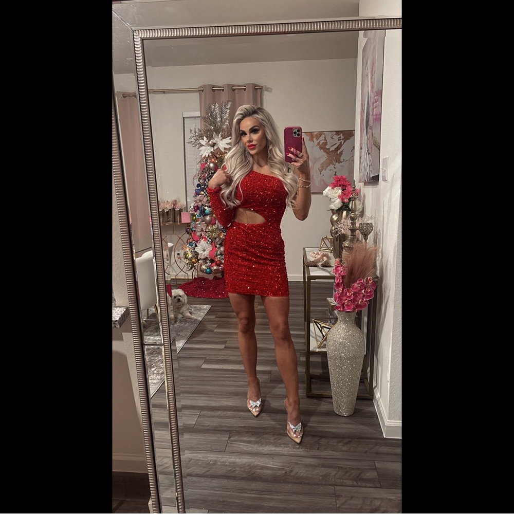 Red one shoulder sequin dress